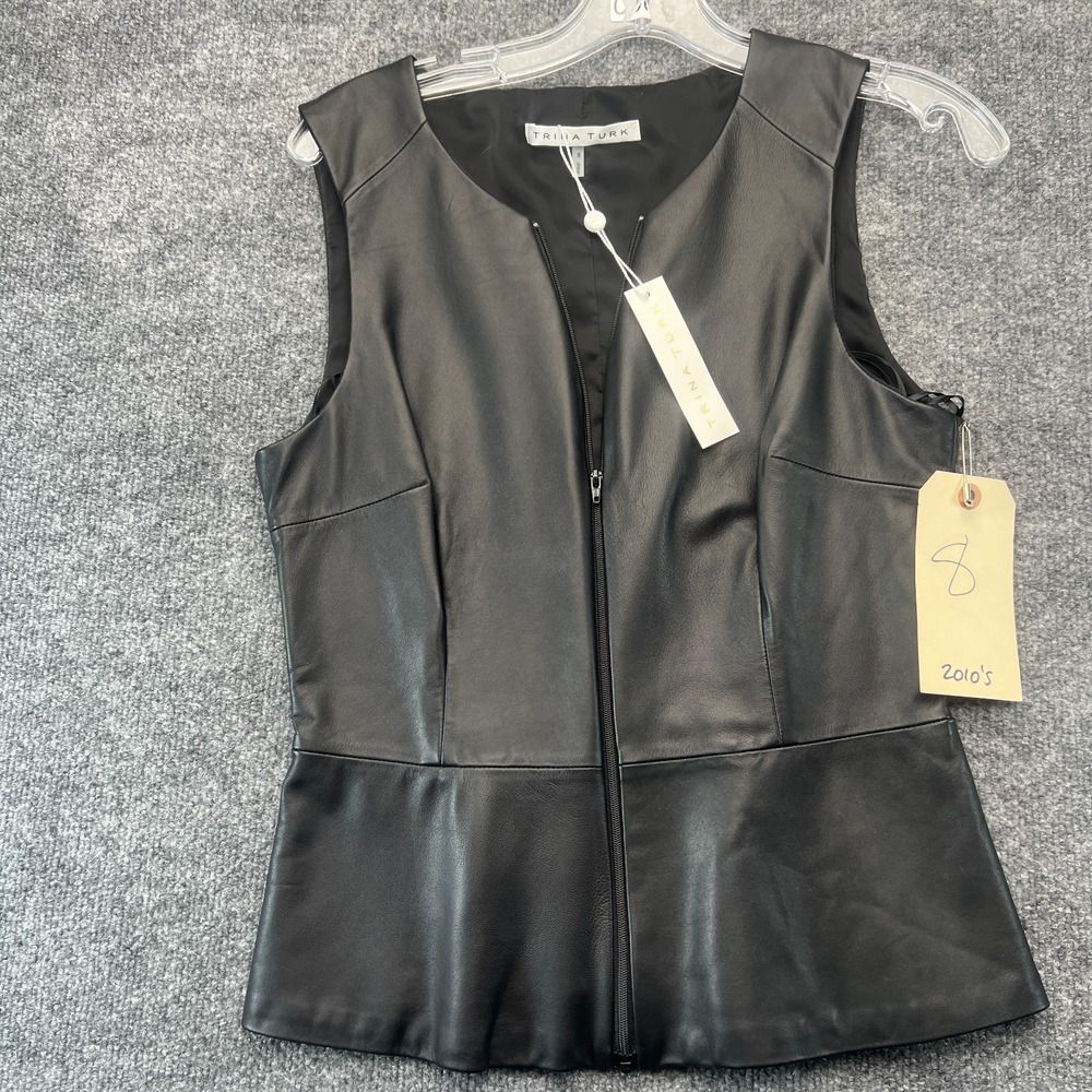 Trina Turk Peplum Vest Womens 8 Black Leather Chic Edgy Cocktail Attire Full Zip